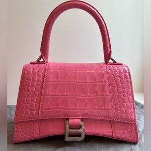 Balenciaga shiny Calfskin Crocodile Embossed Hourglass Top Handle Bag Candy Pink